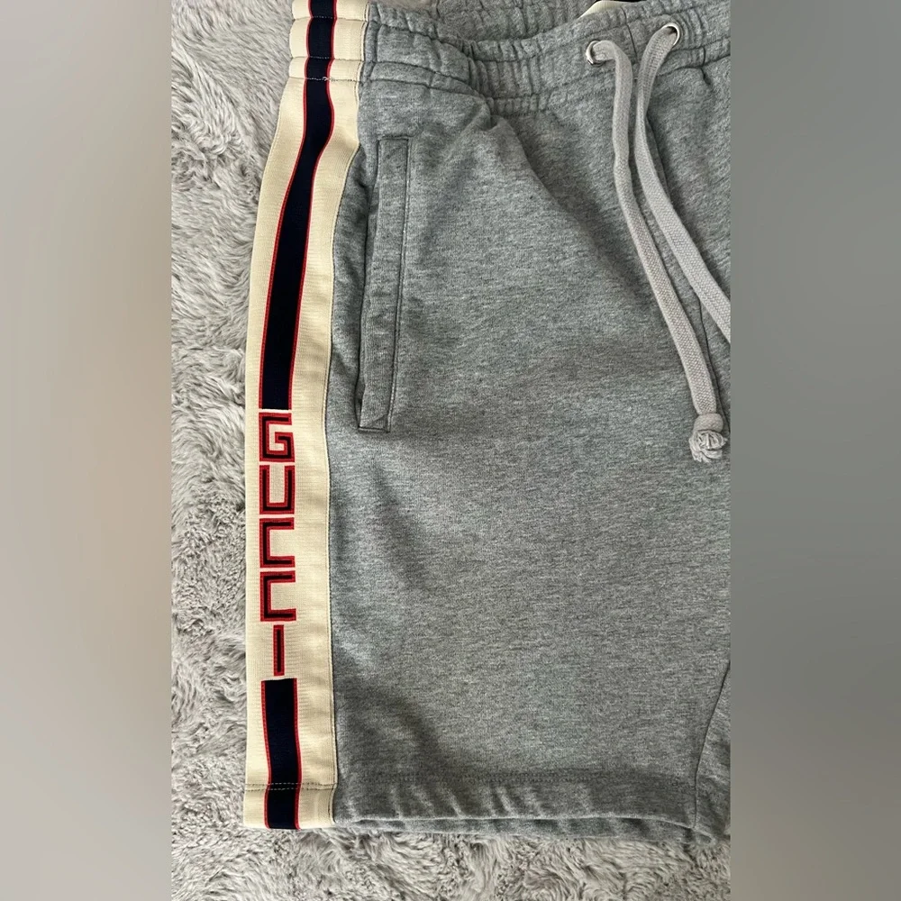Gucci Gray Sweat Shorts with Cream & Navy Stripe and Embroidered Tiger